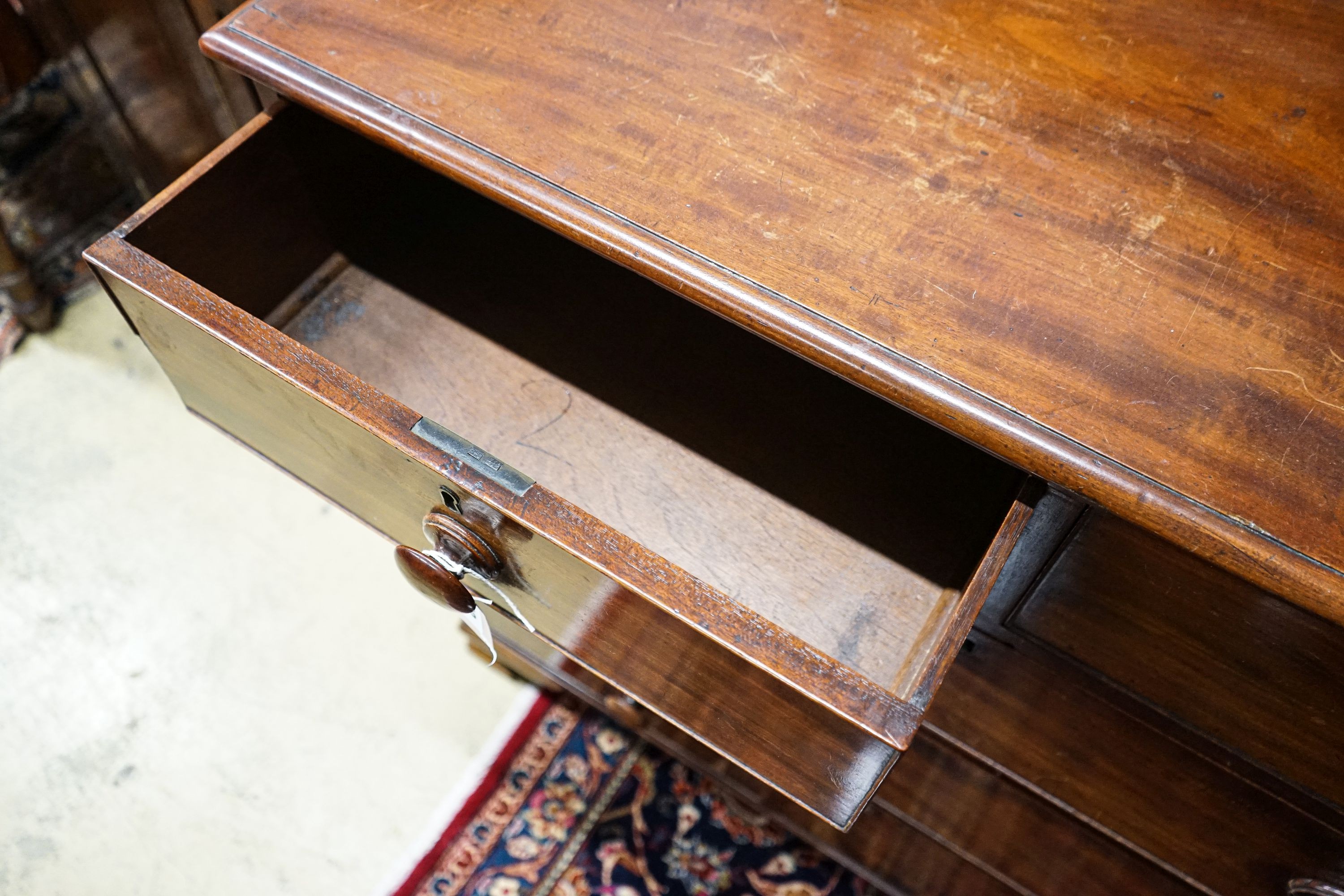 A Victorian mahogany chest fitted two short and three long drawers on bracket feet, width 108cm, depth 53cm, height 96cm